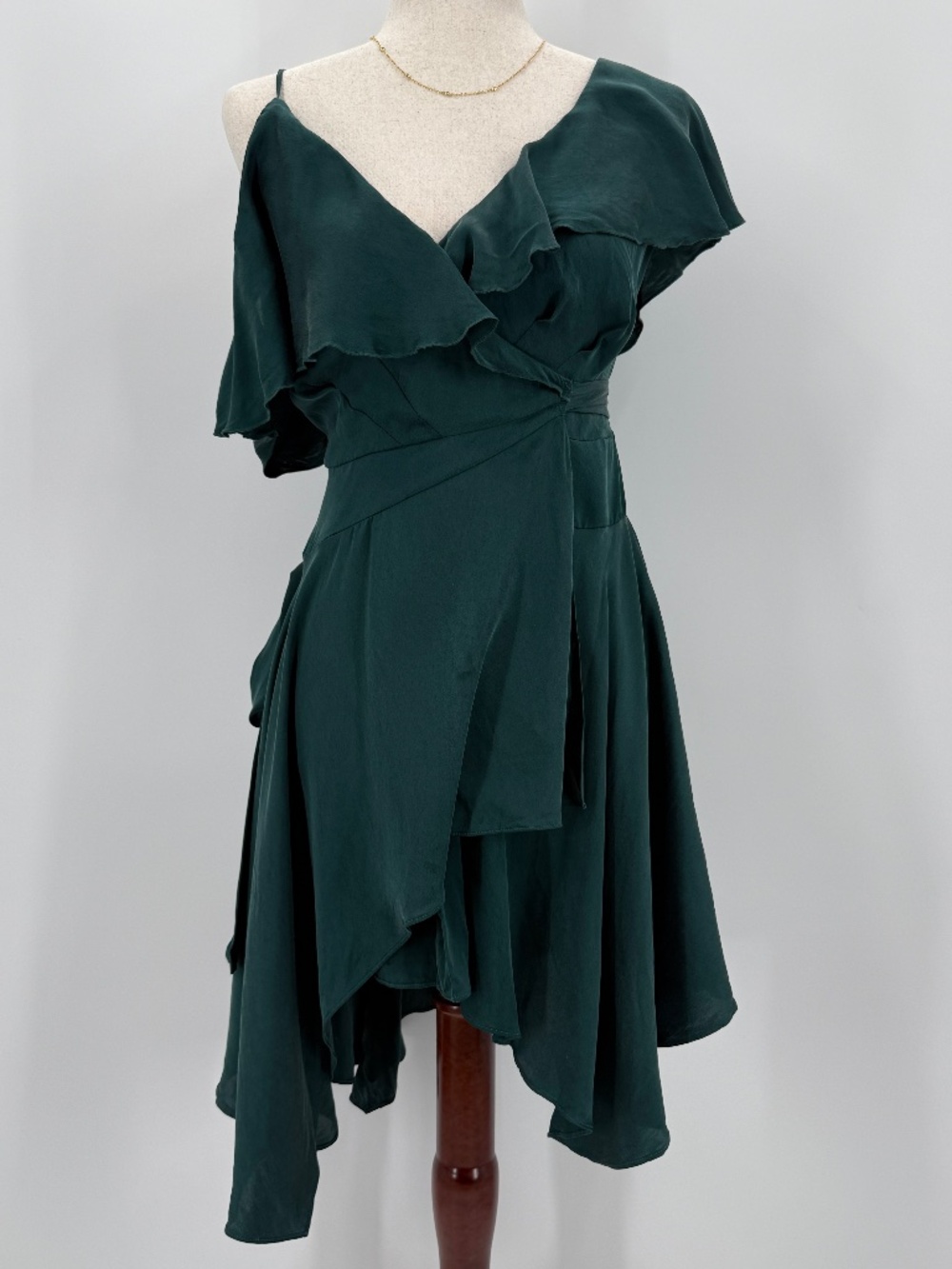 Karina Grimaldi Silk Ruffle Cold Shoulder Wrap Luxe Cocktail Dress Emerald Green